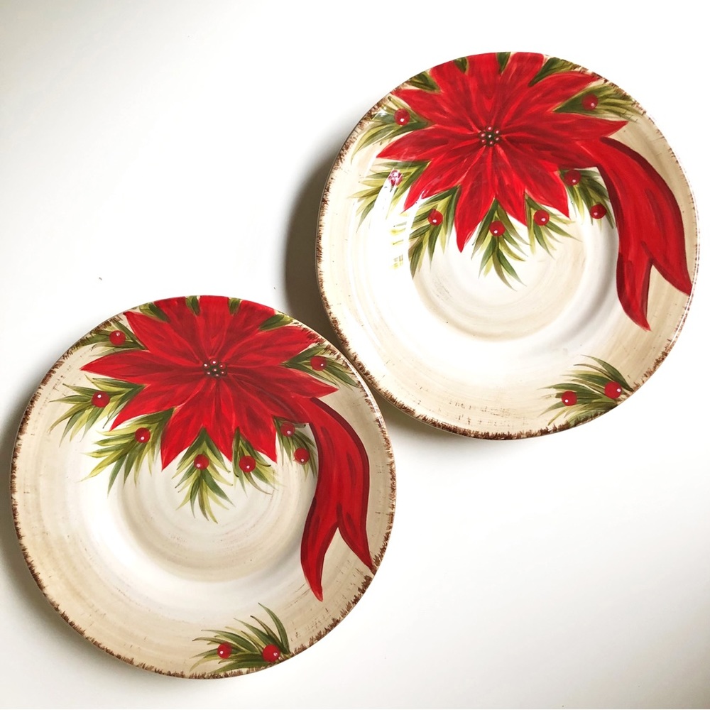 2 Tabletops Gallery Christmas Carol Salad Plates Hand Painted Crafted Stoneware